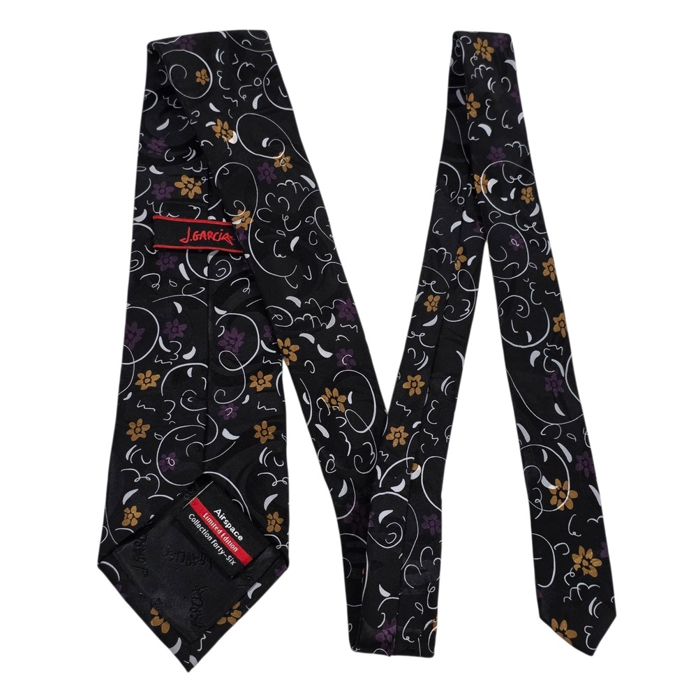 J Garcia Mens Necktie Black Purple Floral Silk 'Airspace' Limited Edition Preppy